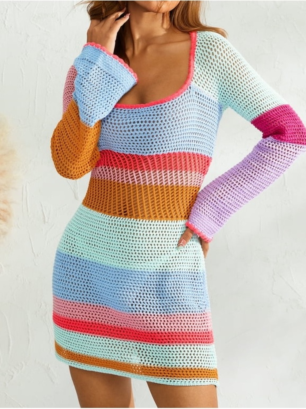 SOLD • Striped Crochet Beach Cover-Up Mini Dress in Pastel Rainbow Size Large - Picture 2 of 7